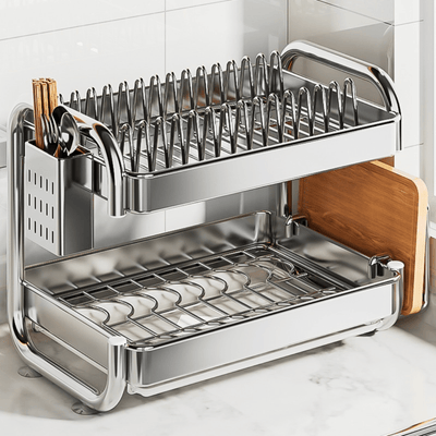 Multifunctional Stainless Steel Dish Rack with Cutlery and Cutting Board Holder(39cm)