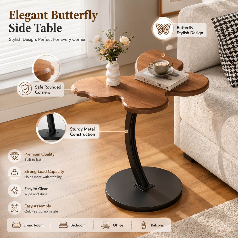 Multi-Purpose Metal Butterfly Bedside Table with Rounded Safe Corners (30cm)