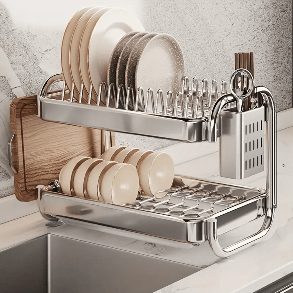 Multifunctional Stainless Steel Dish Rack with Cutlery and Cutting Board Holder(39cm)