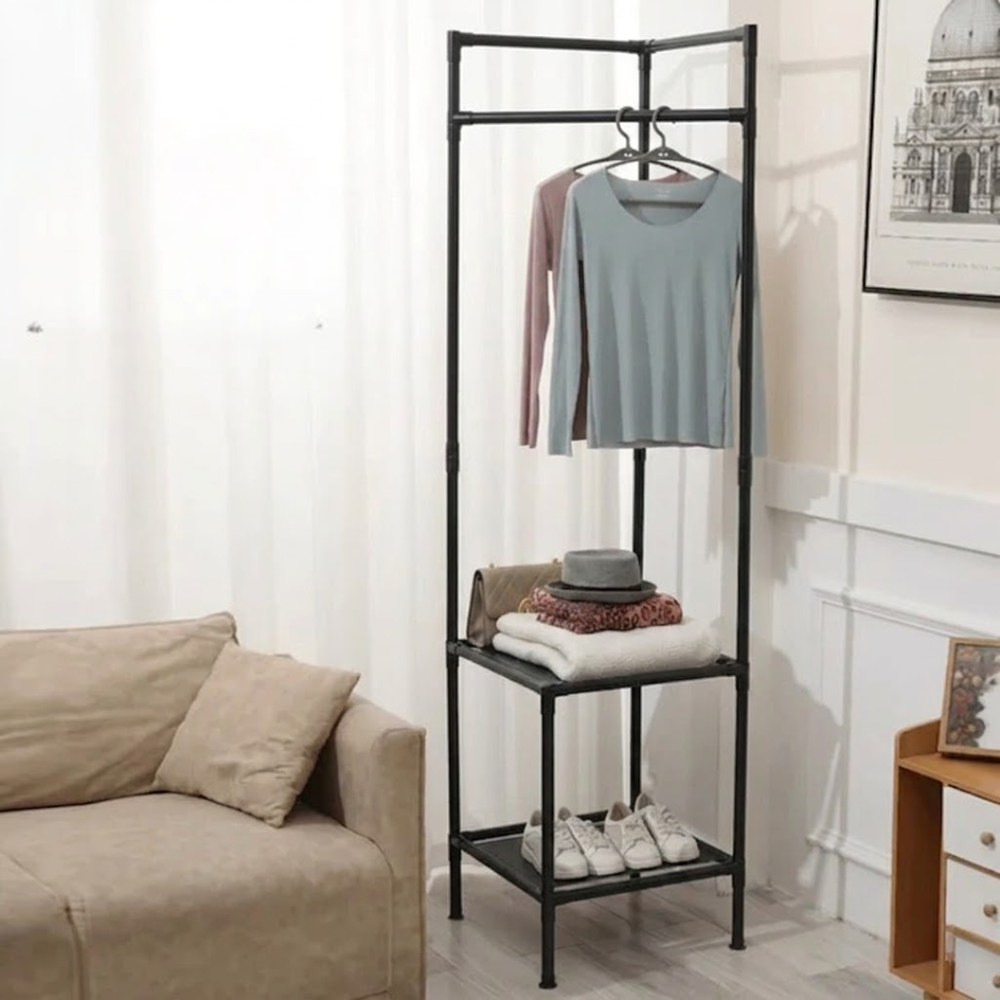 Multi-Functional Space Saving Corner Coat Rack with Shelf Storage