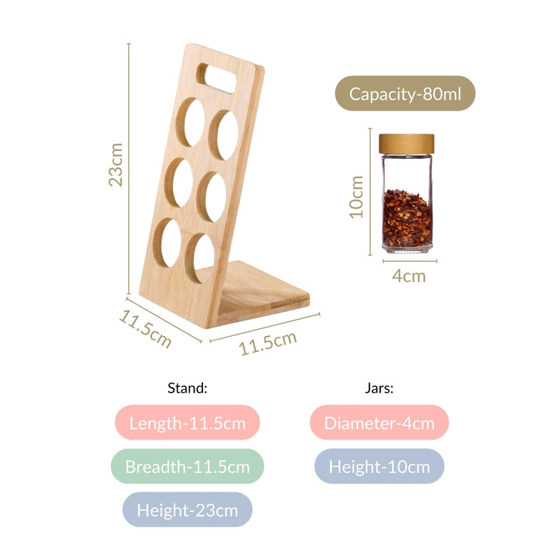 Set Of 6 Airtight Seasoning Jars With Wooden Stand 80ml