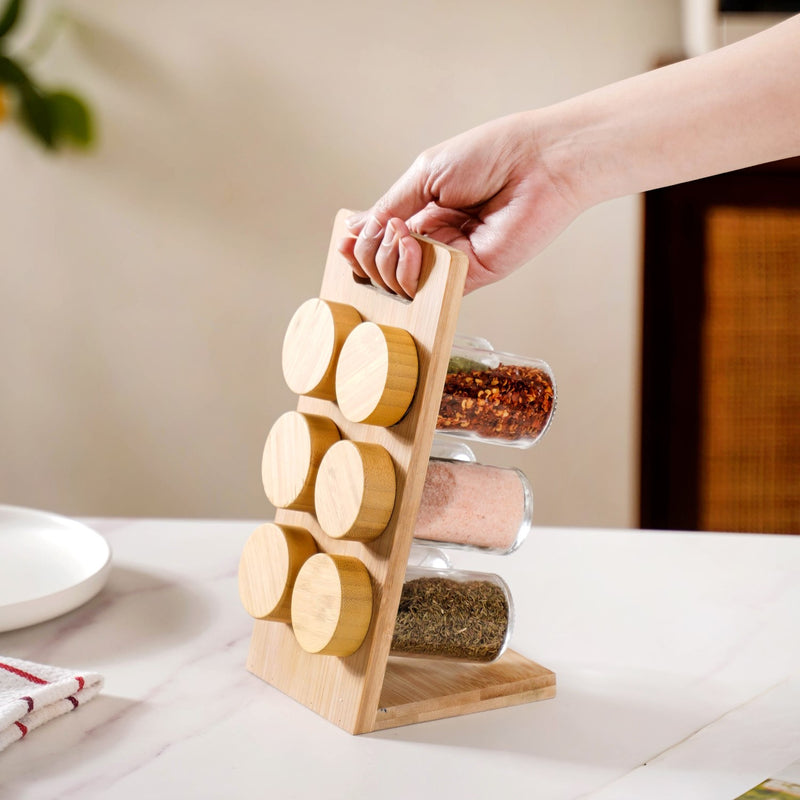 Set Of 6 Airtight Seasoning Jars With Wooden Stand 80ml