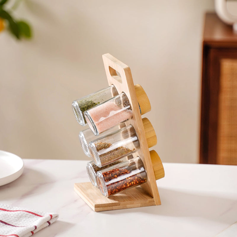 Set Of 6 Airtight Seasoning Jars With Wooden Stand 80ml