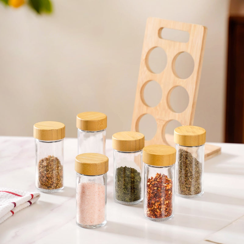 Set Of 6 Airtight Seasoning Jars With Wooden Stand 80ml