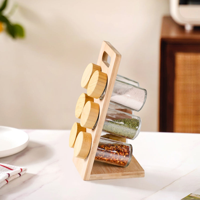 Set Of 6 Airtight Seasoning Jars With Wooden Stand 80ml